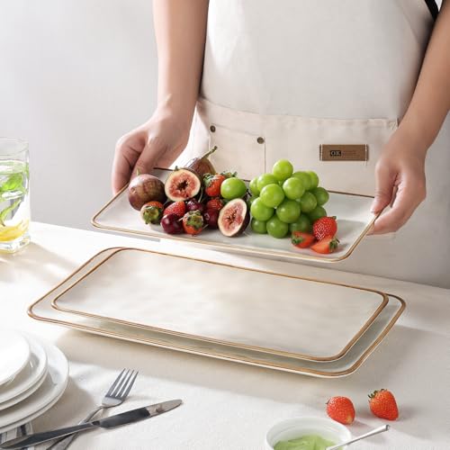 Ceramic Rectangle Serving Platter with Brown Rim: 15.6/14.1/12.6 Inch Large Serving Dishes for Entertaining Party, Sushi, Turkey, Cheese, Snack and Dessert, Microwave Dishwasher Safe - color: White, size: Rectangle