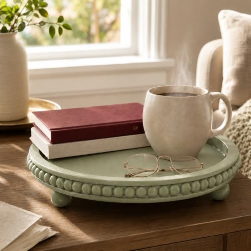 Sage Green Coffee Table Tray, 12" Round Wooden Decorative Tray - color: Sage Green