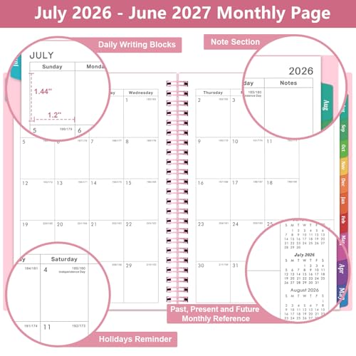 Planner 2026-2027 - 2026-2027 Planner Weekly and Monthly with Tabs, July 2026 - June 2027, 6.25" × 8.3", Strong Twin-Wire Binding - color: Pink