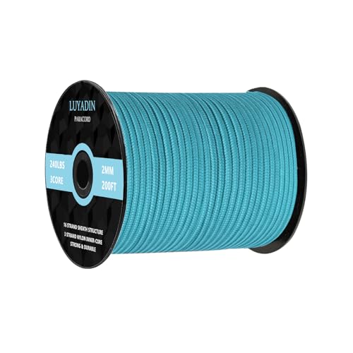 Paracord 240lb - Diameter 2mm Micro Utility Cord -3 Strand Parachute Spool Cord - 100ft 200ft,Paracord for Camping,Hiking,Fishing,Outdoor and DIY - color: Cyan, size: 200 ft