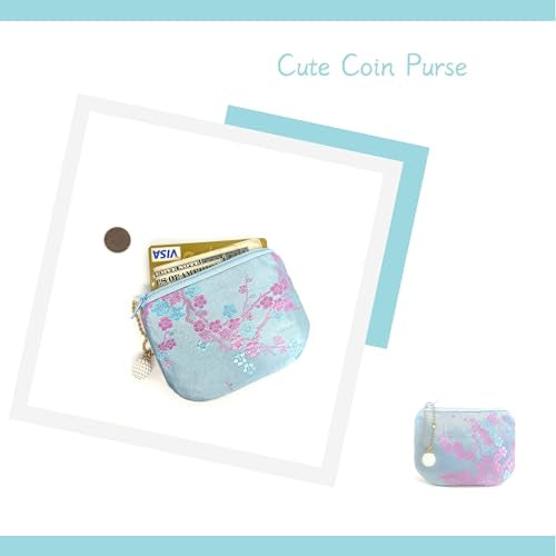 Handmade Women Coin Purse Brocade Rosary Bag Silk Jewelry Pouch Zipper Wallet - LightBlue_Pink - color: LightBlue_Pink
