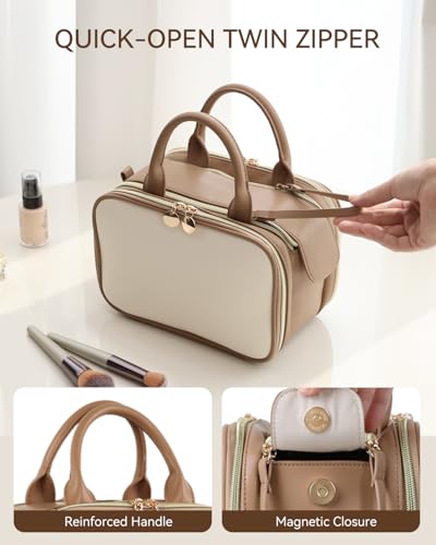 Prite Large Makeup Bag, Waterproof Travel Cosmetic Case with Brush Holder - color: Beige-Brown, size: Large