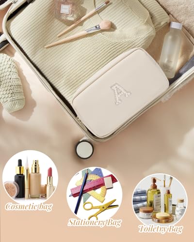 VLANDO Makeup Travel Bag with Pearl Monogram Patch,Beige A - color: 03-White-A
