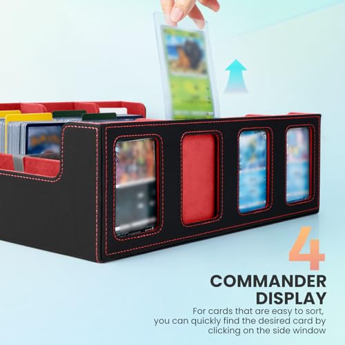 Trading Card Storage Box with Commander Display, 4-Row Deck Case with Removable Lid & Handle, 3000+ Card Organizer with 24 Colorful Dividers & 4 Stoppers for MTG, Black & Red - color: Black & Red, size: 3000+, with Handle