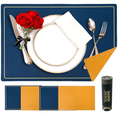 Faux Leather Placemats Set of 4, 11.8"x17.7", Blue & Yellow - color: Blue & Yellow, size: Set of 4