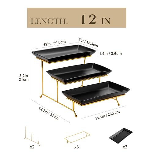 MALACASA 3 Tier Serving Trays for Party, 12 Inch Porcelain Black Trays for Serving Food, Dessert Stand with Collapsible Gold Metal Rack - color: Black Gold, size: 12 Inch