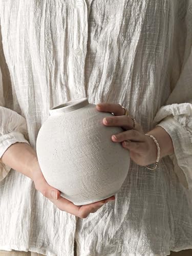 Small White Ceramic Vase - 6.3 Inch Rustic Farmhouse Flower Vase for Home Decor, Minimalist Vases for Living Room, Table, Bathroom, Holiday & Weddings (Sandstone White) - color: Sandstone White