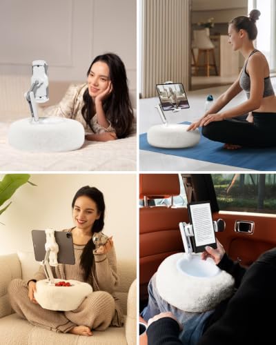 Viozon Tablet Stand Pillow, Compatible with 4.7"-13" Phone/Tablet, iPad, iPhone, Samsung, Google, Kindle, 360°Adjustable Phone Holder for Bed with Soft Plush Fabric, and Detachable Bowl, White - color: White