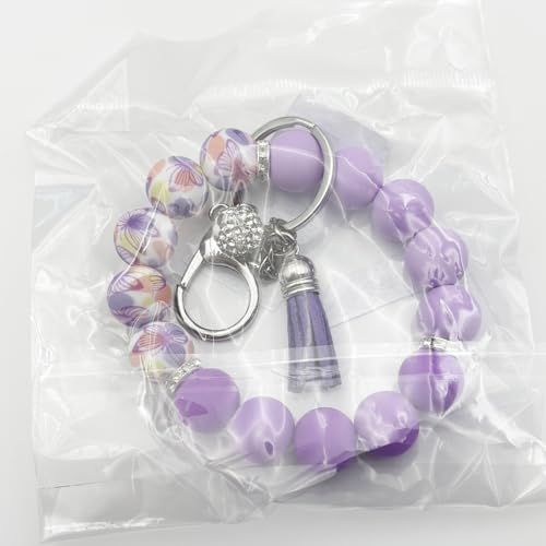 Unpafcxddyig Silicone Bead Keychain Bracelet Wristlet Key Ring - color: Rainbow Purple