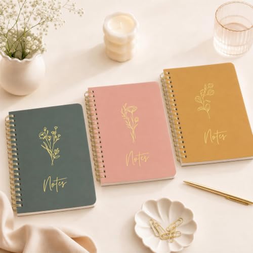 ZICOTO Aesthetic Spiral Notebook Set of 3 - Cute 8x6 College Ruled Journals - color: rose-mustard-emerald, size: Medium 8x6
