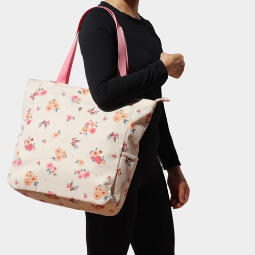 ESVAN Original Floral Water Resistant Large Tote Bag Shoulder Bag for Gym Beach Travel Daily Bags Upgraded - color: Corduroy Beige Flower