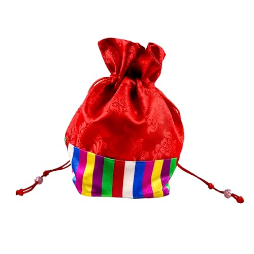 Seoulful Vintage Korean Bokjumeoni Lucky Pouches - 5-Piece Set with Saekdong Stripes and Flat Bottom Design - Traditional Korean Color Block Hanbok New Year & Chuseok Gift Bag
