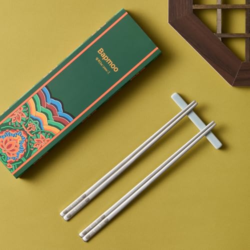 Korean Matte Silver Stainless Steel Chopsticks, 2 Pairs, Dancheong Engraved - color: Silver
