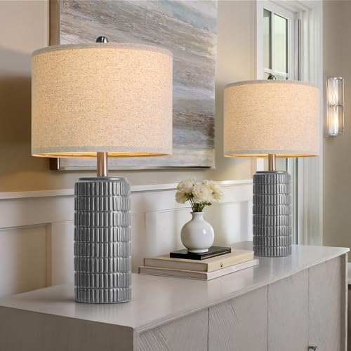 PoKat 23" Ceramic Dark Gray Table Lamps Set of 2 for Living Room, Modern Bedside Lamps for Bedroom, Farmhouse Nightstand Lamp for Home Office Guest Room Sideboard Entryway Decor Gifts - color: Gray