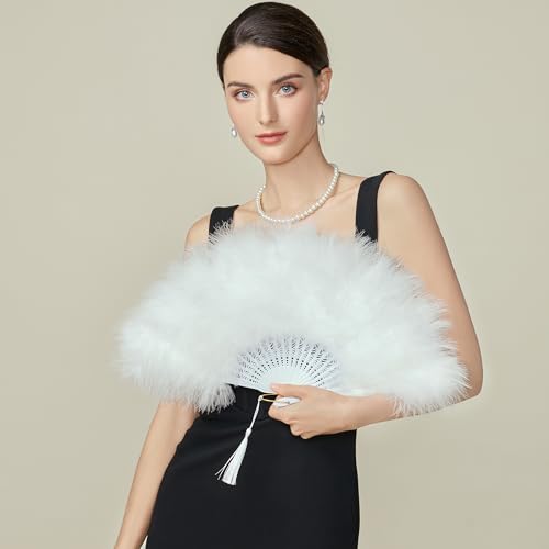 BABEYOND 1920s Marabou Feather Folding Hand Fan - color: Off White