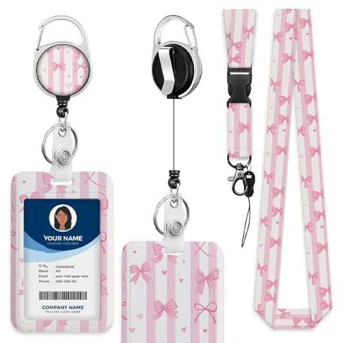 Lanyard with ID Holder Pink Bow Knot Pink White Strip Romatic Style ID Badge Holder for Student Nurse Worker 7x11 cm - color: Pink Bow Knot