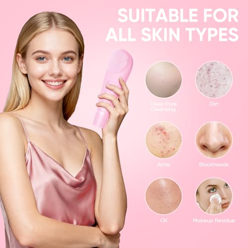 Silicone Face Scrubber Blackhead Scraper Rechargeable 2-in-1 Facial Cleansing Brush & Skin Spatula Duo, IPX7 Waterproof Exfoliating Massager Deep Cleansing for Women and Men(Light Pink) - color: Light Pink