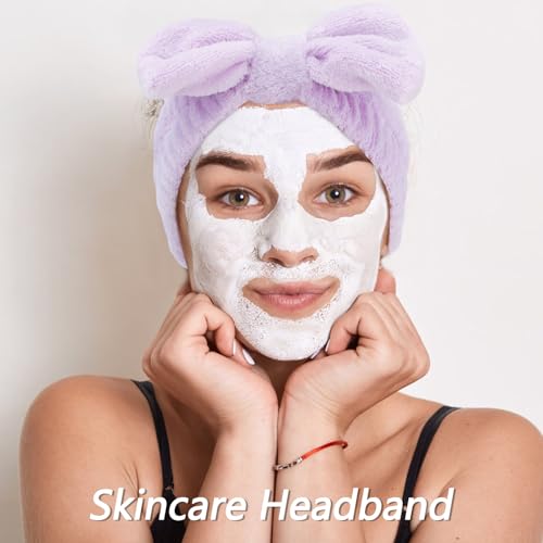 VELSCRUN Spa Headbands for Wash Face, Makeup Headband, Facial Skincare Headbands, 5 Pcs Purple Puffy Sponge Spa Headband Bow Tie Hair Band Hair Clips Wristband Set Women Girls Accessories - color: Purple