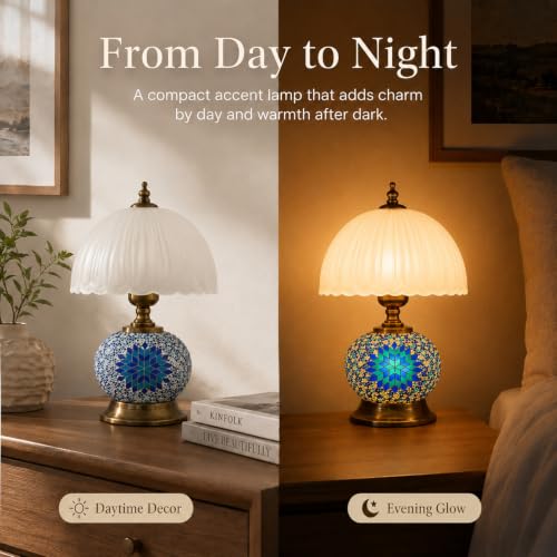 Boho Blue Mosaic Small Table Lamp with White Glass Shade - color: Blue, Bronze, White