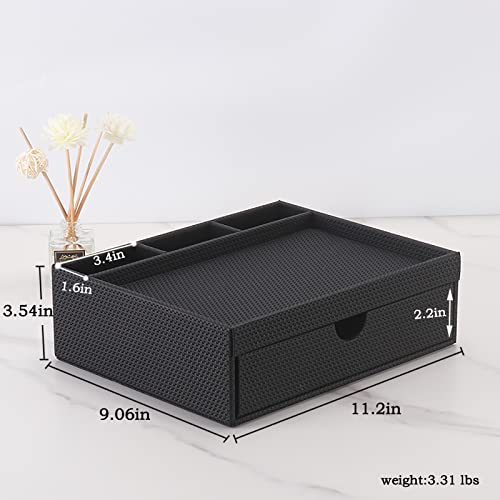 Leather Desk Organizer With Drawers, Home Cosmetics Organizer, Phone Remote Organizer, Drawer Plus Divider & Tray (black) - color: black