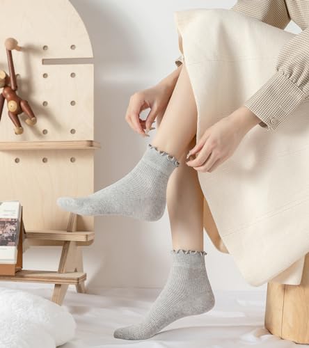 DQCUTE Women's Ruffled Ankle Cotton Crew Socks, 6 Pairs - color: 2black+2white+2grey