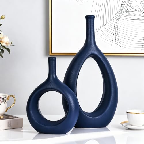Navy Blue Ceramic Hollow Elliptical Vase Set of 2 - Boho Circle Vase with Hole, for Modern Navy Blue Table Decor, Living Room Decor Shelf mid Century Modern Home Entrance Decorative vase - color: Navy Blue