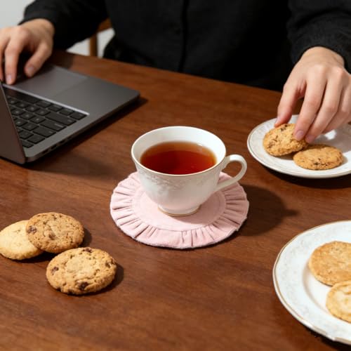 5 Inch Round Ruffle Velvet Coaster, Tabletop Protection, Coffee Table & Bar Decoration, Drink Coasters Suitable for Home Dining Tables & Kitchen Accessories Set of 4, Pink - color: Pink