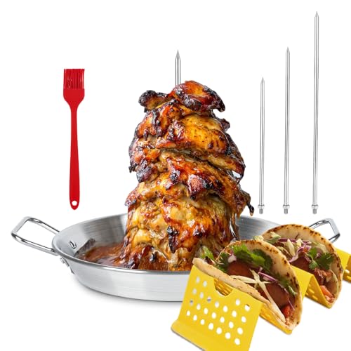 Shawarma Pan, Vertical Skewer Pan, Gyro Pan Spit Stand for oven - size: 10.5" Pan&3 Skewers With Brush&TacoHolder