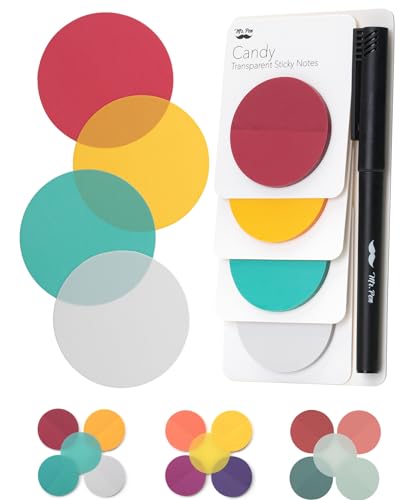 Mr. Pen- Round Transparent Sticky Notes, 1.8”, 4 Pads with Black Fineliner - color: Candy, size: 200 Sheets
