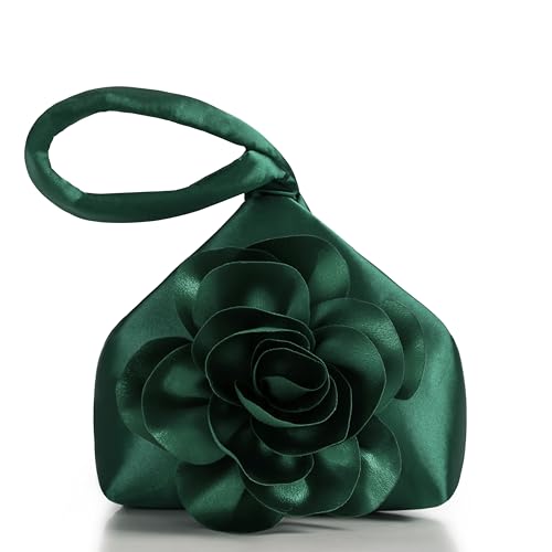 BABEYOND Women's Flower Satin Evening Bags Triangle Clutch Purses - color: Dark Green