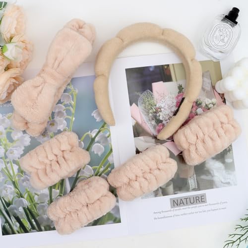 Beige Skincare Bubble headband and wristband set for Face Washing - color: Light khaki