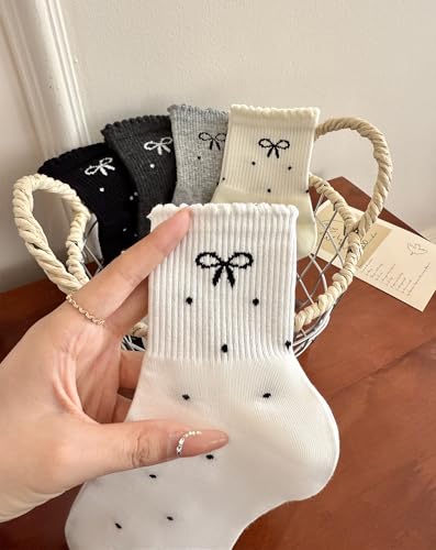 5 Pairs Ruffle Polka Dot Bow Ankle Socks for Women Grils Cute Frilly Lettuce Edge Coquette Cotton Socks Trendy Girly Aesthetic Casual Crew Sock