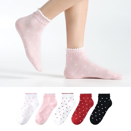 Womens Cotton Crew & Ankle Socks, Cute Floral Ruffle Colorful Tube Size 6-9 - color: Heart Ankle C