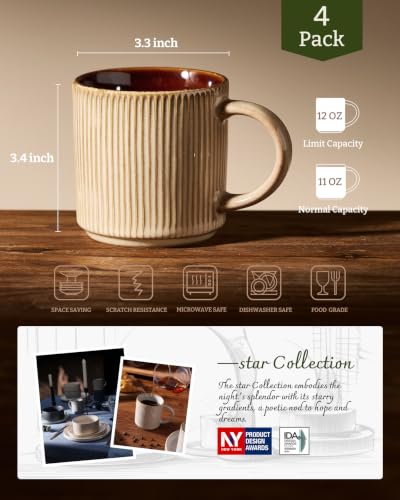 famiware Coffee Mug Set of 4, Star 12 oz Ceramic Mugs Cups Set with Handle - color: Star-Cream Cocoa, size: 4 Count (Pack of 1)