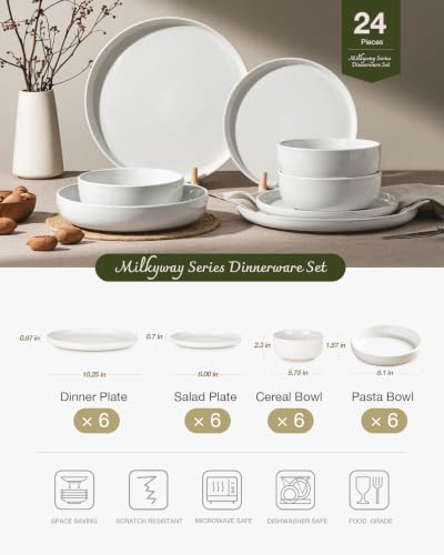 Famiware Milkyway 24-Piece Dinnerware Set with Pasta Bowls, White - color: White, size: Service for 6 (Include Pasta Bowls)