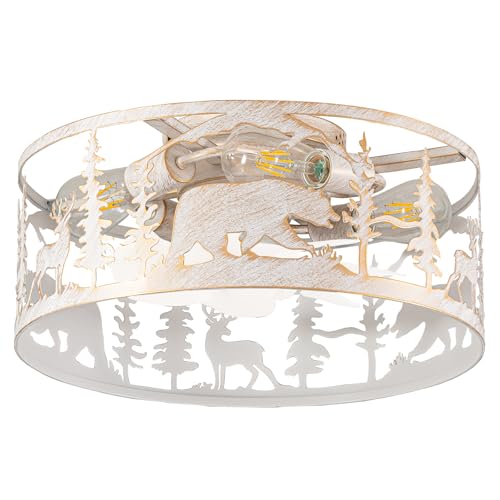Farmhouse Caged Ceiling Fan with Light,Rustic Black Fandelier(Round) - color: Distressed Gold with White