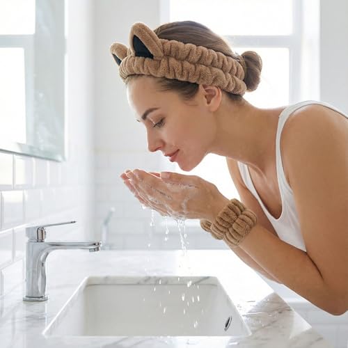 Spa Headband and Wristband Set, Skincare Makeup Headbands for Women Girl - color: Khaki Beige + Khaki
