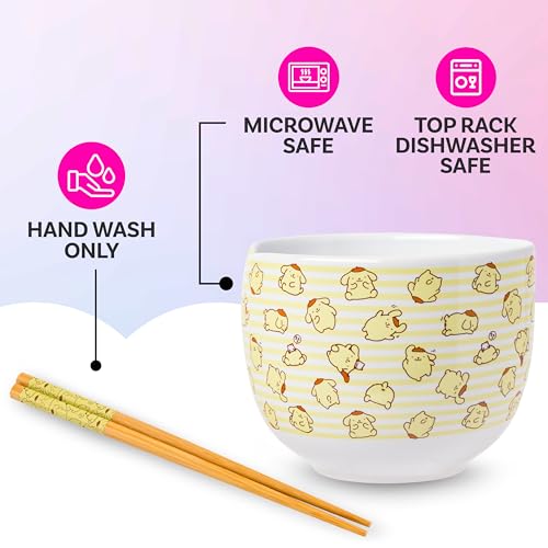 Silver Buffalo Sanrio Hello Kitty and Friends Pompompurin Pattern Ceramic Ramen Noodle Rice Bowl with Chopsticks, Microwave Safe, 20 Ounces - color: Pompompurin Pattern, size: 20 Ounces (No Spoon)