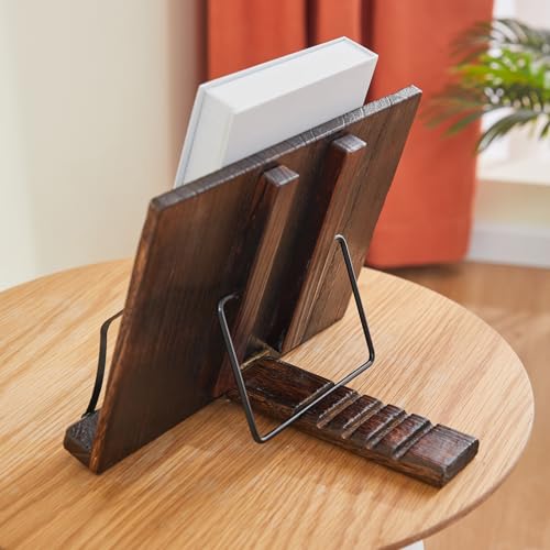 Rustic Wood Book Stand, Hands Free Holder for Cookbooks & Tablets