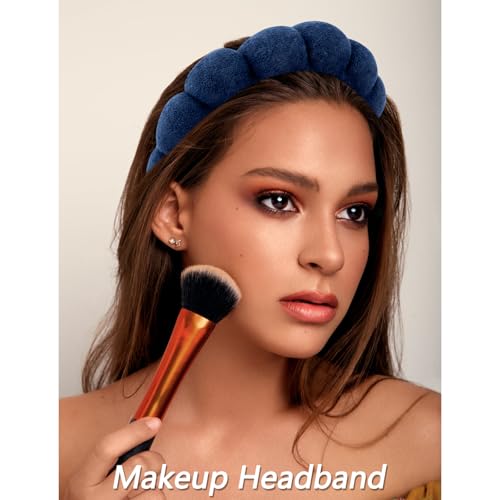 VELSCRUN Spa Headbands for Wash Face, Makeup Headband, Facial Skincare Headbands, 5 Pcs Dark Blue Puffy Sponge Spa Headband Bow Tie Hair Band Hair Clips Wristband Set Women Girls Accessories - color: Dark Blue