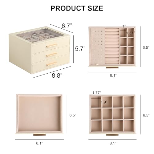 Frebeauty Jewelry Box for Women,Clear Lid Jewelry Organizer with 3 Drawers - color: Beige, size: 3 Drawer