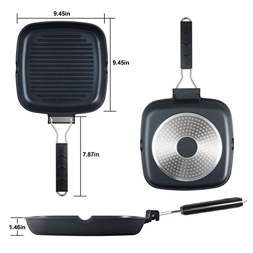 S·KITCHN Grill Pan with Folding Handle, Nonstick Grilling Pan for Stove Tops, Induction Compatible Square KBBQ Pan with Pour Spouts - 9IN - size: 9 IN