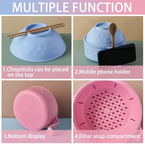 2 Sets 40 oz Microwave Ramen Bowl with Handles, Pink, Light Blue - color: Pink,Light Blue