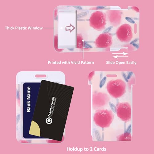 ID Card Badge Holder Key Chain with Metal Keyring, Plastic Slide Open with ID Window for Women Men Girls Students,Red Tulips - color: Red Tulip