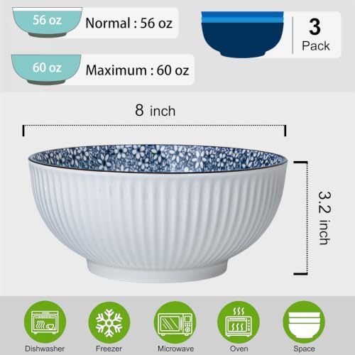 60 oz Large Soup Bowls Set of 3, Pho Bowls, Ramen Bowl - Floral - size: Floral Pattern (8 Inch, 60 oz)