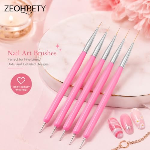 Nail Art Brushes, 5Pcs Nail Art Liner Brushes, Dotting Pen Tools, Painting Design Brush Set for Long Lines, Thin Details, Fine Drawing Sizes 7/9/11/15/22mm, Pink - color: Pink