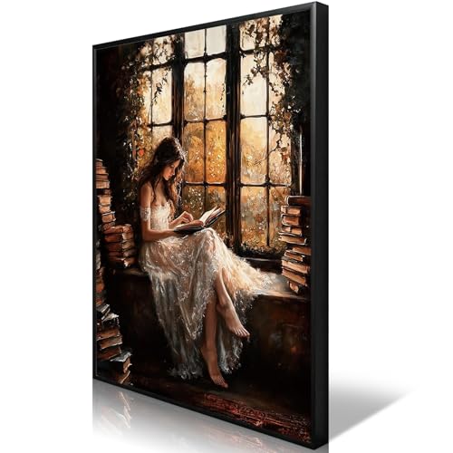 uoyien Victorian Girls Reading Canvas Wall Art, 12x16in, Black Framed - color: Brown, size: 12x16in Black Metal Framed