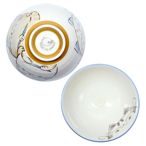 Japanese Rice Bowl Chawan set of 2 4.6" Cat Design MIKE Blue - color: Blue