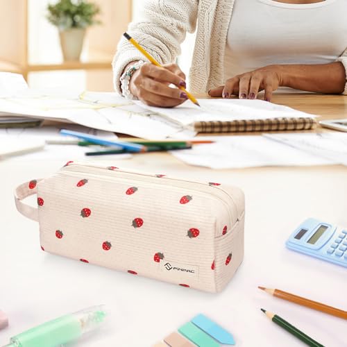 FINPAC Pencil Case, Corduroy Makeup Bag for Women, Kawaii Pen Pouch Holder, Large Storage Box Organizer for Study, Office, or Travel (Strawberry) - color: Strawberry