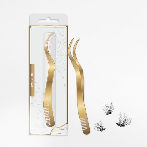 2 in 1 Lash Tweezer with Comb, Eyelash Extension, Stainless Steel Elbow Tweezers, Precise Eyebrow Tweezers Tool, Lashes Tweezer Applicator for DIY Applying False Eyelashes Clusters, Gold - color: Gold